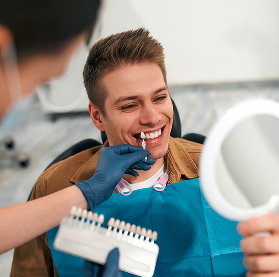 Dentist in Durham talking to patient about veneer design